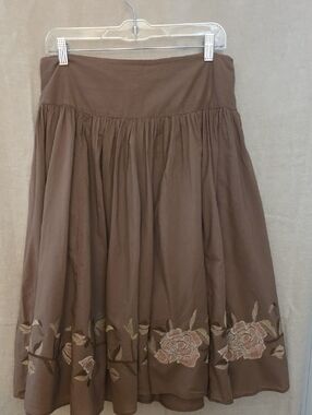 a.n.a Brown Embroidered Floral A-Line Midi Skirt